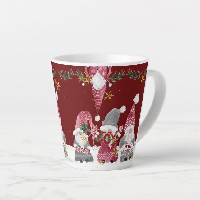 Caneca De Café Latte Gnomos de Natal Burgundy Adoram Folhagem de Joy Pa (Ângulo direito)