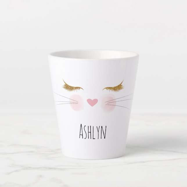 Caneca De Café Latte Gold Glitter Eyelashes Pink Nose Kitty Cat Face (Frente)