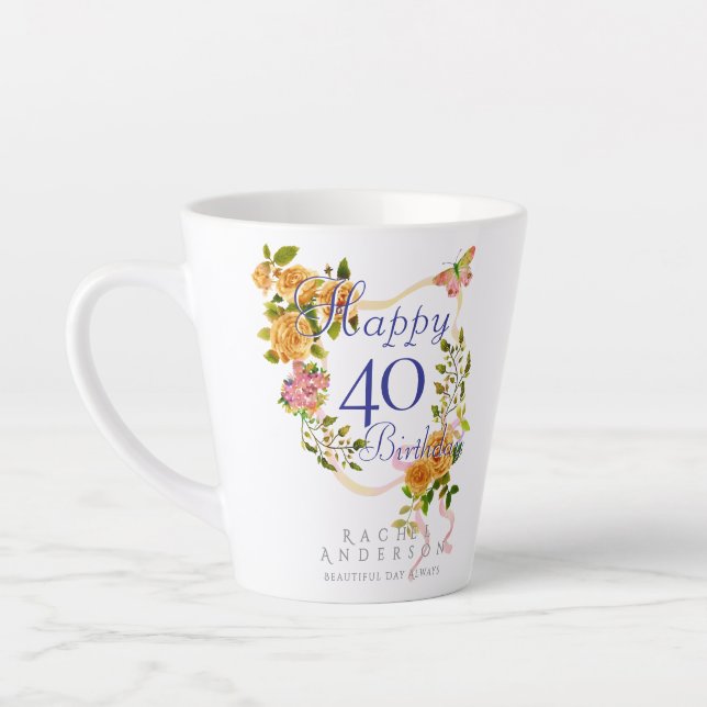 Caneca De Café Latte Gold Rose Ribbon 40th Birthday (Esquerda)