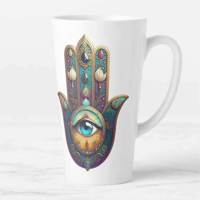 Caneca De Café Latte Gold Violet Teal w/ Turquoise Third Eye Hamsa (Direita)