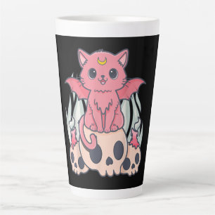 Caneca De Café Latte Gótico Kawaii Pastel Gato e Crânio de Demônio C