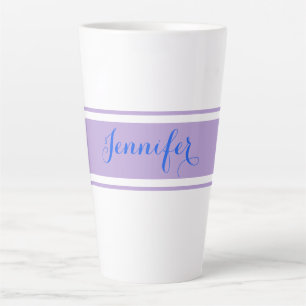 Caneca De Café Latte Grande Nome em Letra Azul, Listras Lavanda em Bran