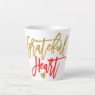 Caneca De Café Latte Grateful Heart Gratition Cote Script Red Dourado