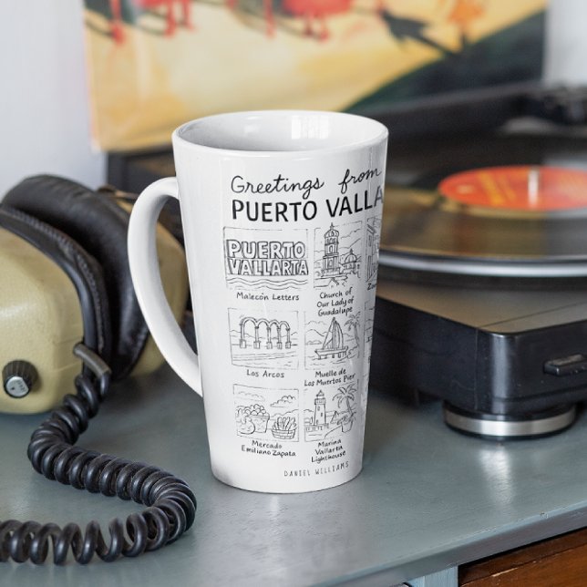 Caneca De Café Latte Greetings from Puerto Vallarta | Hand-Drawn Sketch (Criador carregado)
