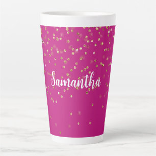 Caneca De Café Latte Grelha Rosa Dourada Confetti Personalizada