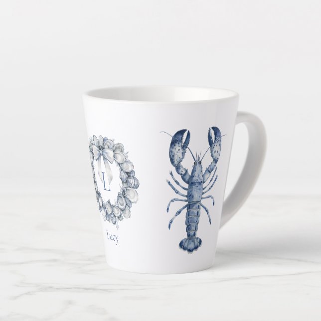 Caneca De Café Latte Grinalda de Concha de Lagosta e Ostra Azul da Nova (Ângulo direito)