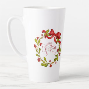 Caneca De Café Latte Grinalda de visco em aquarela com laço