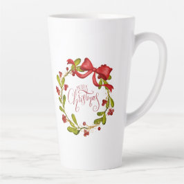 Caneca De Café Latte Grinalda de visco em aquarela com laço