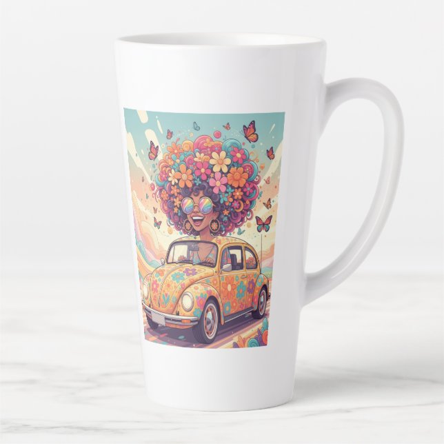 Caneca De Café Latte Groovy Arco-íris Retro 70s Boho Poder das Flores (Direita)
