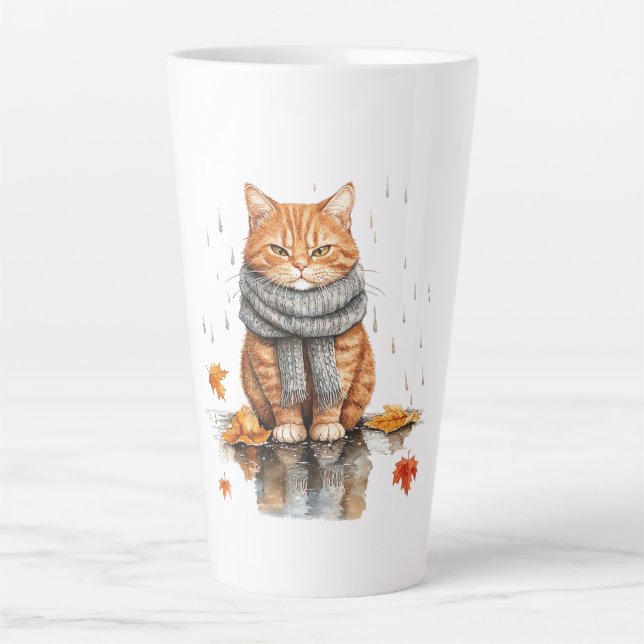 Caneca De Café Latte Grumpy Orange Cat in Rain (Frente)