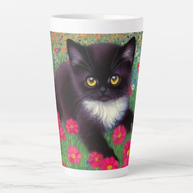 Caneca De Café Latte Gustav Klimt Tuxedo Cat (Frente)