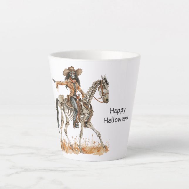 Caneca De Café Latte Halloween Black Cowgirl Western Horse Skeleton (Frente)