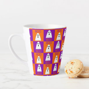 Caneca De Café Latte Halloween Boo Ghost Purple e Orange Squares