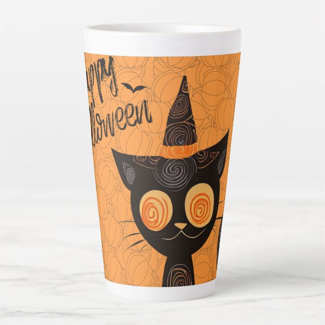 Caneca De Café Latte Halloween/gato/abaobado/outono  (Frente)