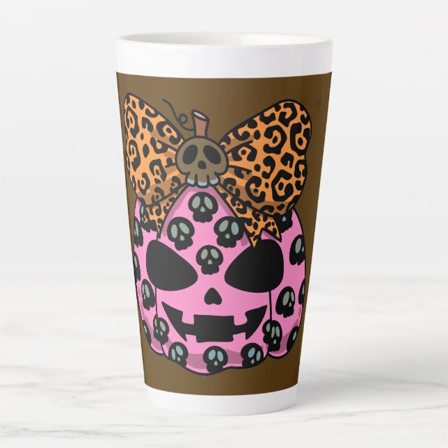 Caneca De Café Latte Halloween, Padrão de Caveira, Rosto de Abóbora, Mo (Frente)