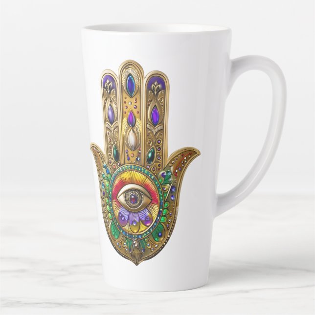 Caneca De Café Latte Hamsa de Ouro Pintado com Olho Terceiro de Ametist (Direita)