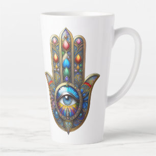 Caneca De Café Latte Hamsa Dourado Colorido c/ Terceiro Olho de Mancha