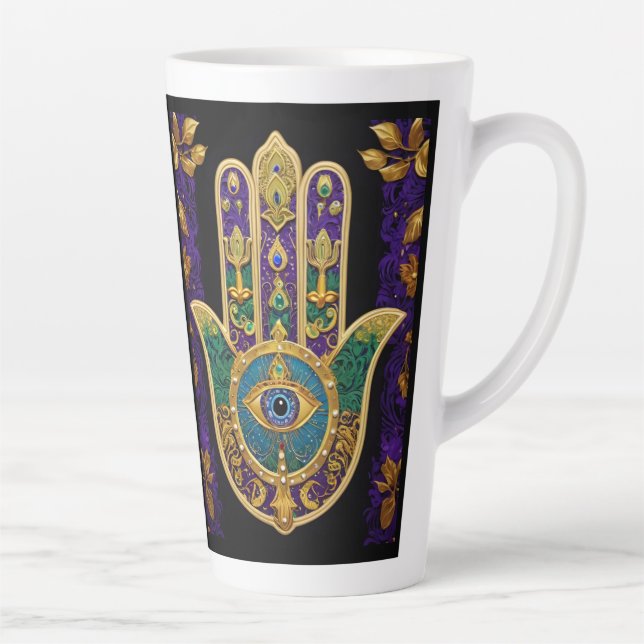 Caneca De Café Latte Hamsa Terceiro Olho Dourado Ornamentado (Direita)