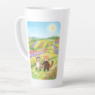 Caneca De Café Latte Hand-Painted Raccoon & Red Panda Meadow