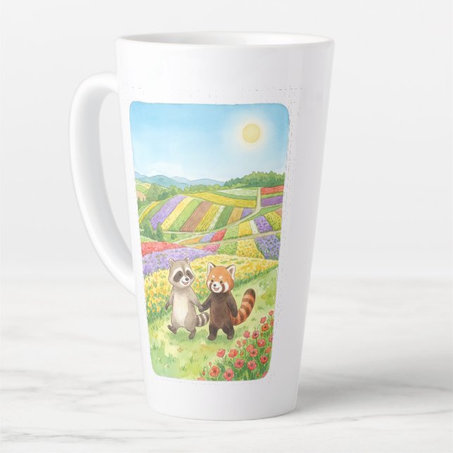Caneca De Café Latte Hand-Painted Raccoon & Red Panda Meadow (Ângulo esquerdo)