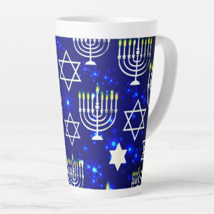 Caneca De Café Latte Hanukkah Menorah Azul e Branco