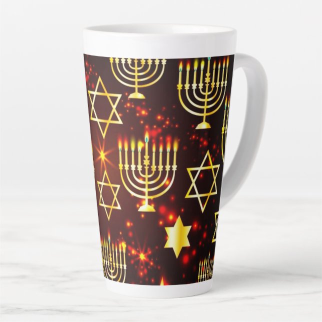 Caneca De Café Latte Hanukkah Menorah Vermelho e Dourado (Ângulo direito)
