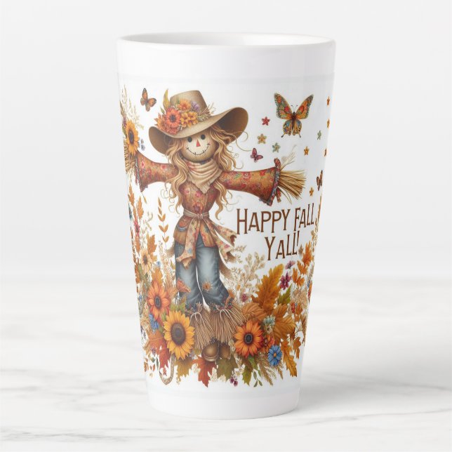 Caneca De Café Latte Happy Fall Ya Scarecrow e Autumn Foliage (Frente)