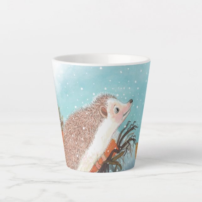 Caneca De Café Latte Hedgehog e primeiros flocos de neve (Frente)
