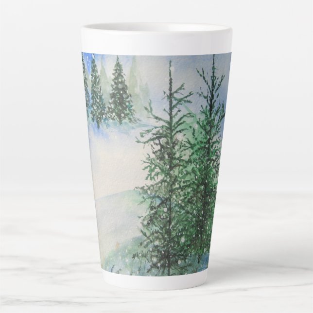 Caneca De Café Latte Hillside Evergreens e Neve (Frente)
