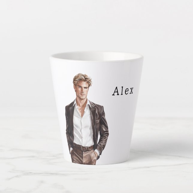 Caneca De Café Latte Homem de Cabelo Loiro Casaco Marrom (Frente)
