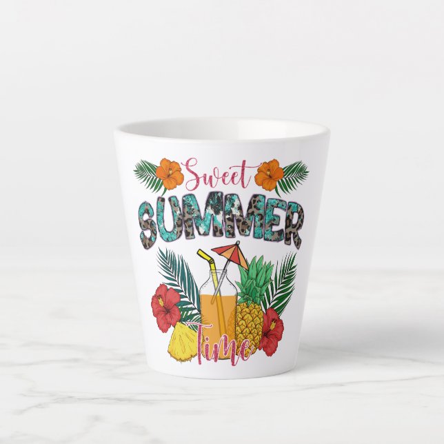 Caneca De Café Latte Hora de Verão Doce | Frutas Tropicais e Florais (Frente)