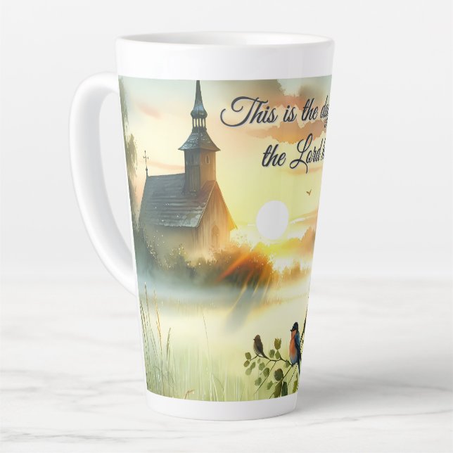 Caneca De Café Latte Igreja do Sol Nascente com Pássaros em Prado Nebul (Ângulo esquerdo)