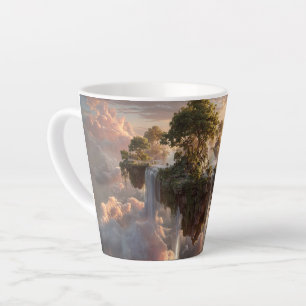 Caneca De Café Latte Ilhas Flutuantes Surreais Com Cachoeiras
