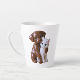 Caneca De Café Latte Ilustração Caprichosa de Cachorro e Gato