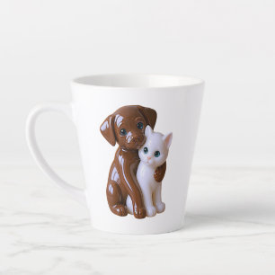 Caneca De Café Latte Ilustração Caprichosa de Cachorro e Gato