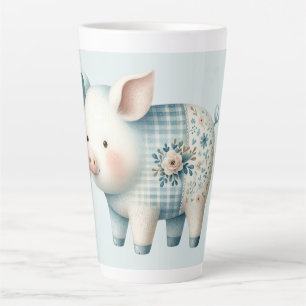 Caneca De Café Latte Ilustração Cottagecore de Porco em Remendo Azul