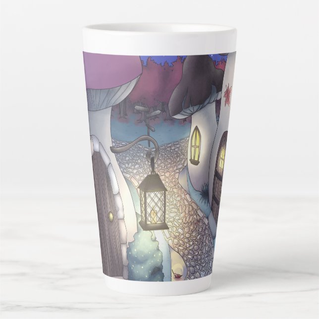 Caneca De Café Latte Ilustração da Aldeia de Cogumelos Fantasy Noturno (Frente)