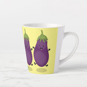 Caneca De Café Latte Ilustração de berinjela alegre e fofa em estilo ca