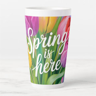 Caneca De Café Latte Ilustração de Buquê de Tulipas "A Primavera Chegou
