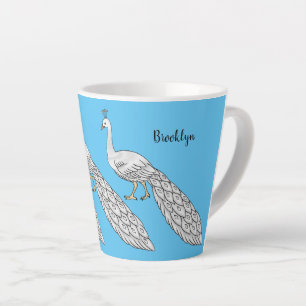 Caneca De Café Latte Ilustração de desenho animado de pavão branco