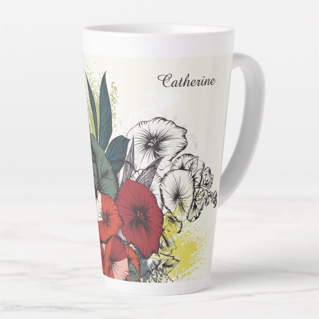 Caneca De Café Latte Ilustração de Flor com Nome Personalizado (Ângulo direito)