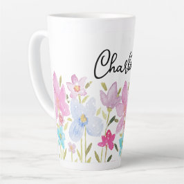 Caneca De Café Latte Ilustração de Flores Silvestres Fofas Monogramadas