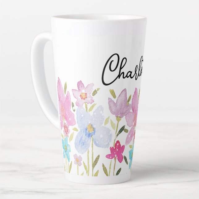 Caneca De Café Latte Ilustração de Flores Silvestres Fofas Monogramadas (Ângulo esquerdo)