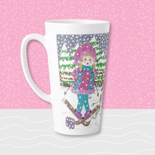 Caneca De Café Latte Ilustração de Garota de Esqui Bonita Latte Mug (Cute latte mug featuring a girl learning how to ski . )