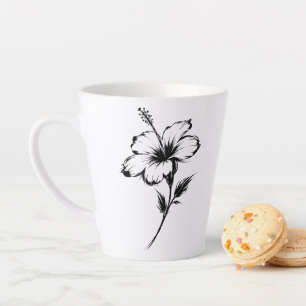 Caneca De Café Latte Ilustração Minimalista de Hibisco com Pinceladas o