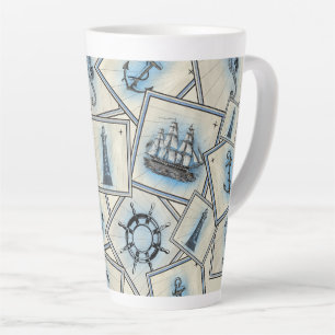 Caneca De Café Latte Ilustrações de navegação de colagem de safra náuti