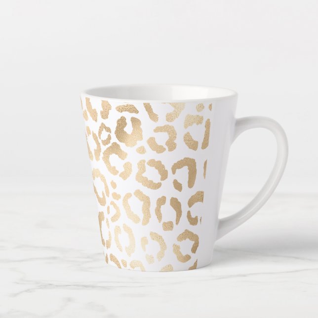 Caneca De Café Latte Impressão Animal Leopardo Branco Dourado Elegante  (Direita)