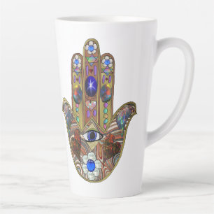 Caneca De Café Latte Impressão de Arte Judaica Hamsa Corações Flores Op