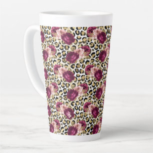 Caneca De Café Latte Impressão de Leopardo Flor Rosa Rosa Dourada para