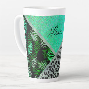 Caneca De Café Latte Impressão Tropical Leopardo de Teal com Espessura 